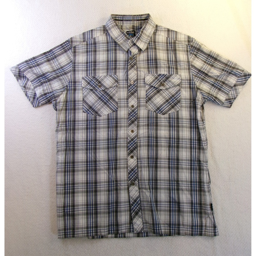 Kuhl Suncel Mens Blue Grey Plaid Short Sleeve Button Down Shirt Size M